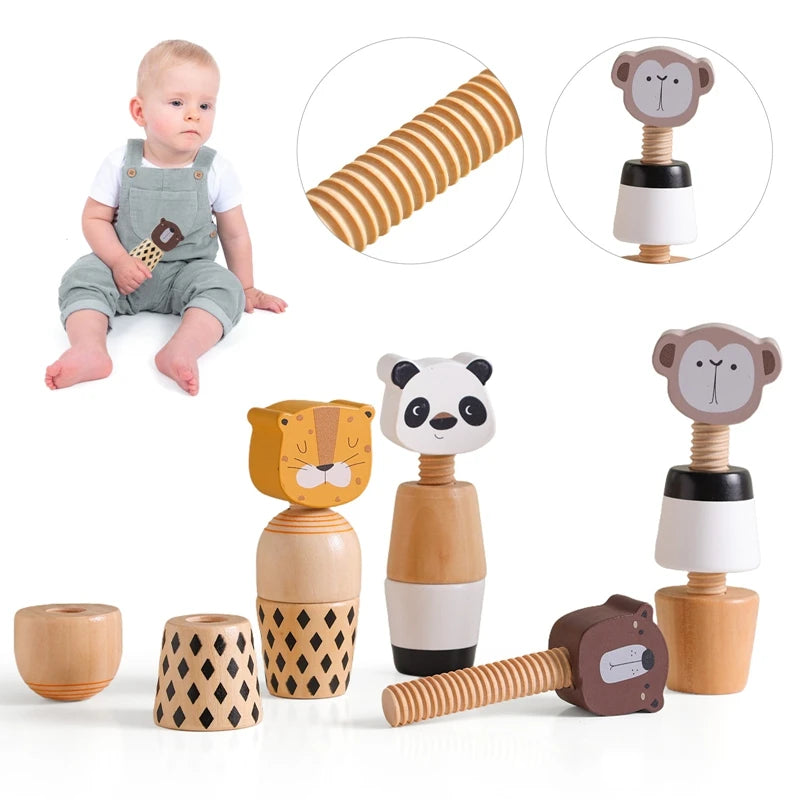 Baby Wooden Blocks Montessori Wooden Toys Board Games Education Baby Toy 0-12 Months Screw Knob Toy Cartoon Wooden Toys for Baby